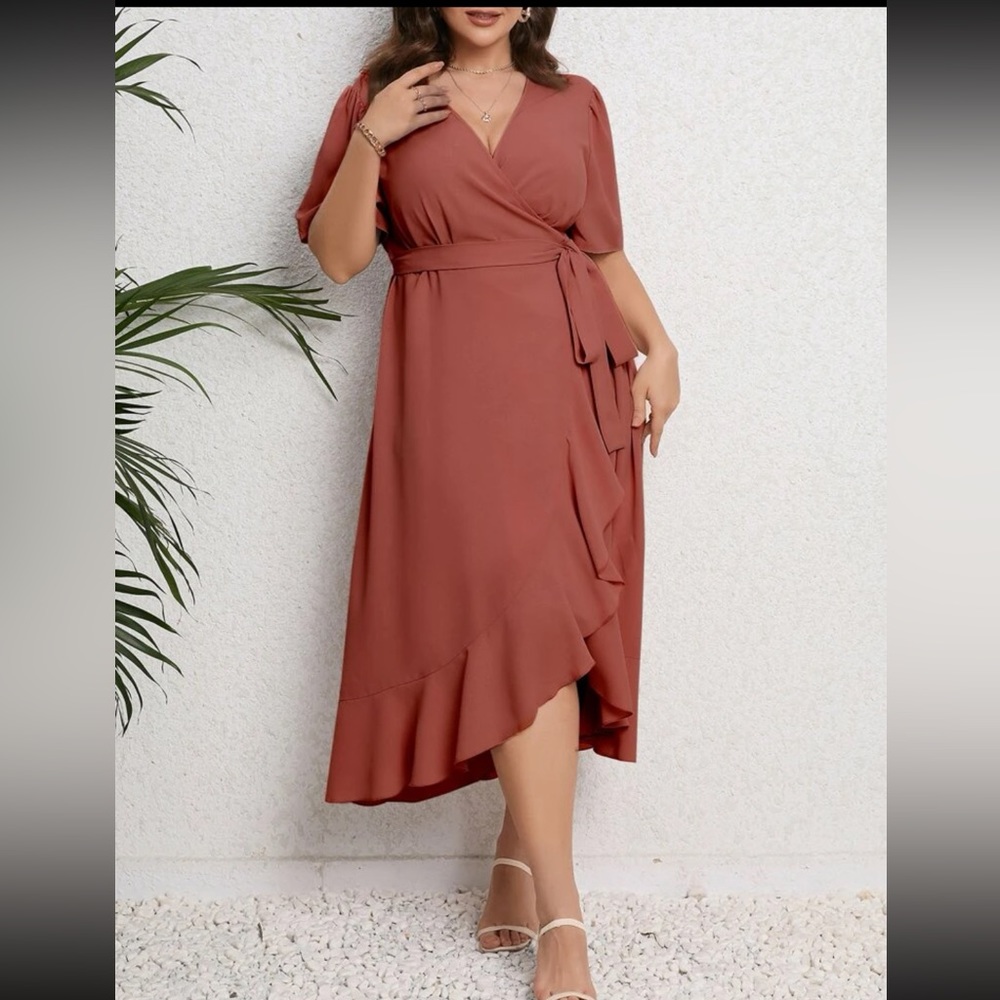 BRAND NEW Plus Puff Sleeve Ruffle Hem belted dress